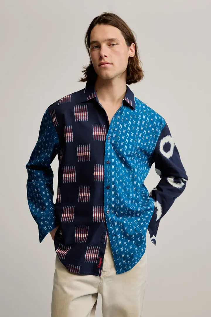 Desigual, Camisa estampada patch, Hombre, Algodon, Azul, L
