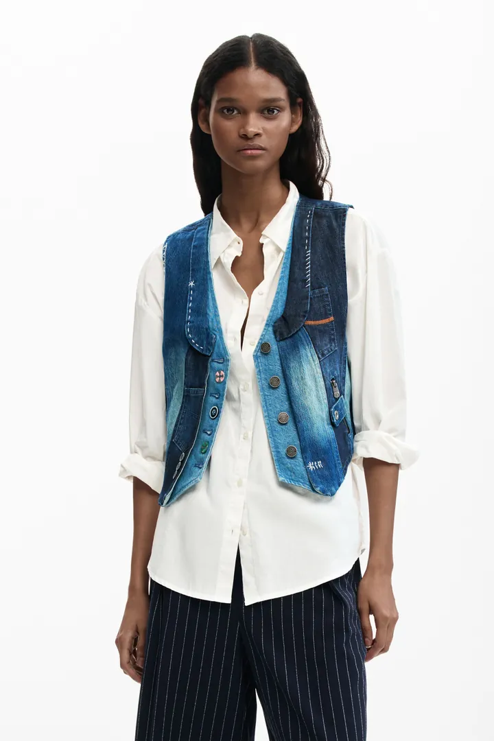 Desigual, Chaleco denim patchwork, Mujer, Algodon, Azul, L