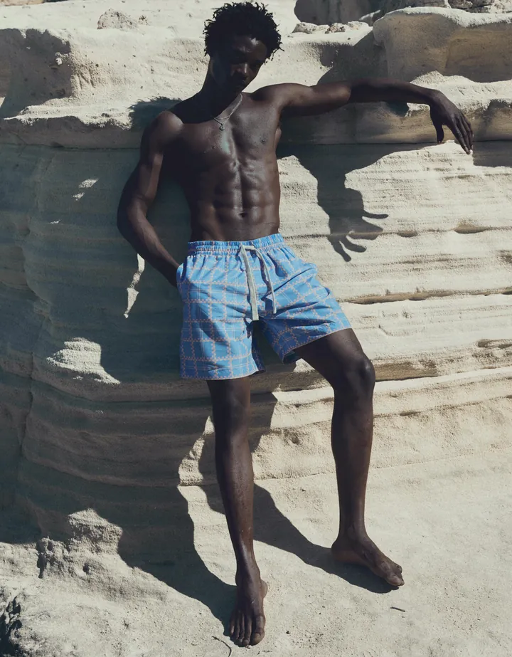 Bershka Bañador Print Cuadros Hombre L Azul Claro