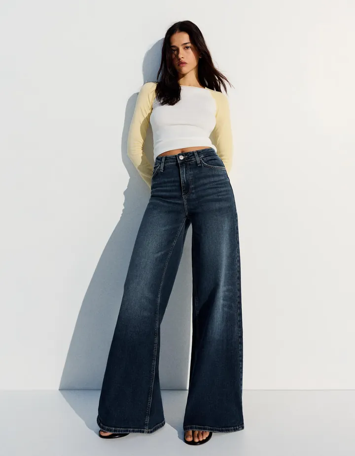 Bershka Jeans Wide Leg Tiro Alto Mujer 32 Azul