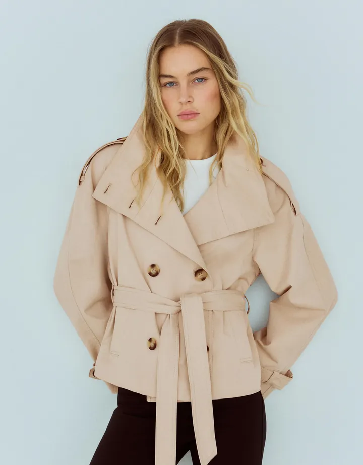 Bershka Cazadora Trench Cuello Funnel Mujer L Arena