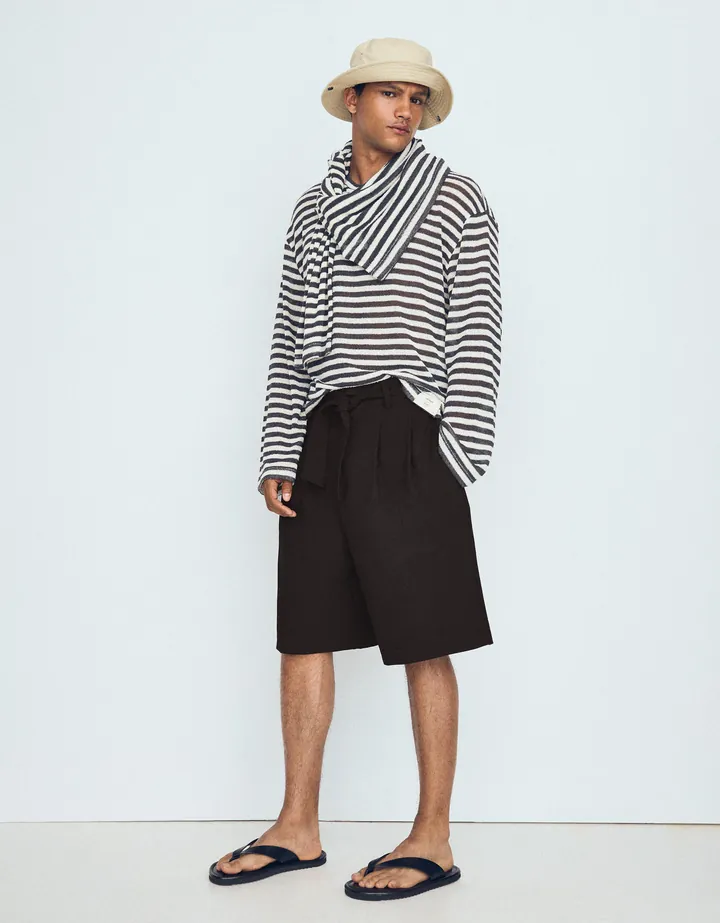 Bershka Bermuda Wide Leg Cinturón Hombre L Negro