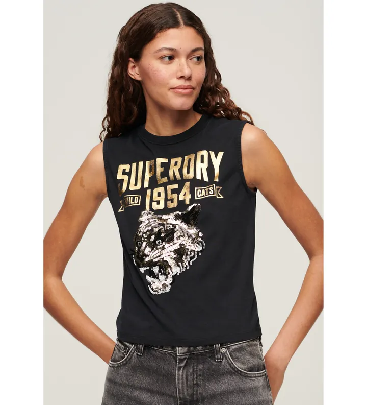 Superdry para mujer. W6011899A Camiseta ajustada negro (S), Casual, Algodón, Sin mangas / Tirantes