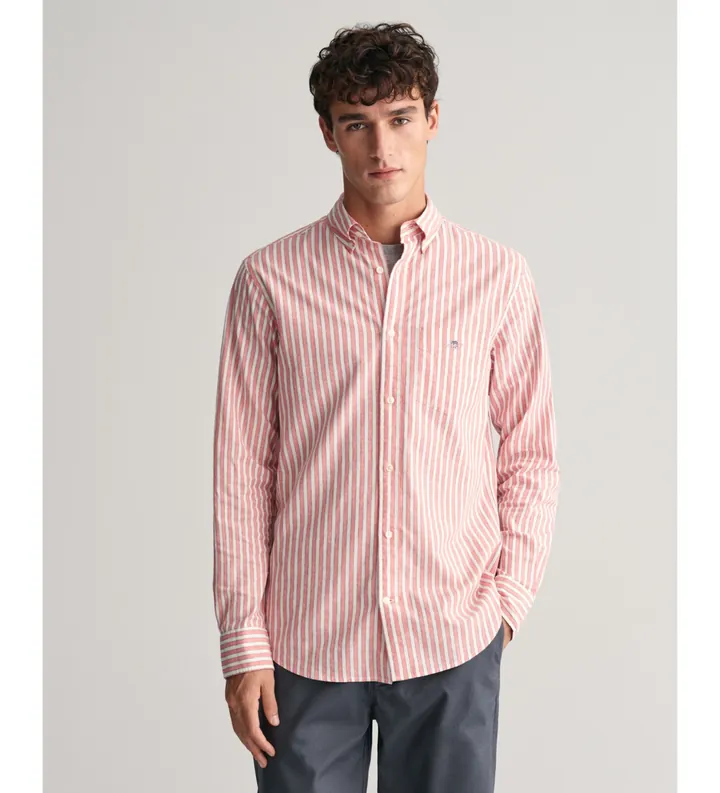 Gant para hombre. 3240060 Camisa Regular Fit de lino y algodón a rayas rosa (L), Casual, Manga larga