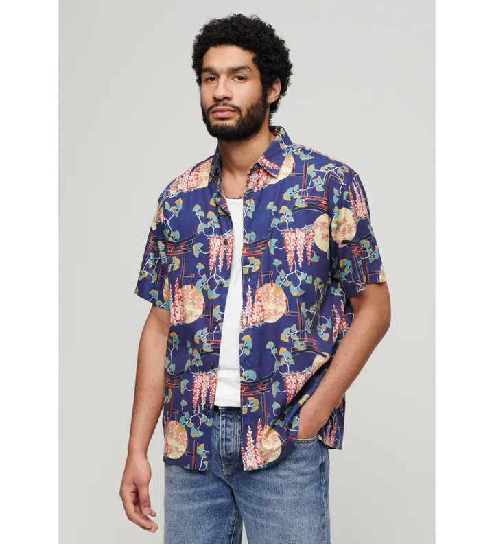 Superdry para hombre. M4010353A Camisa hawaiana marino (L), Casual, Algodón, Manga corta