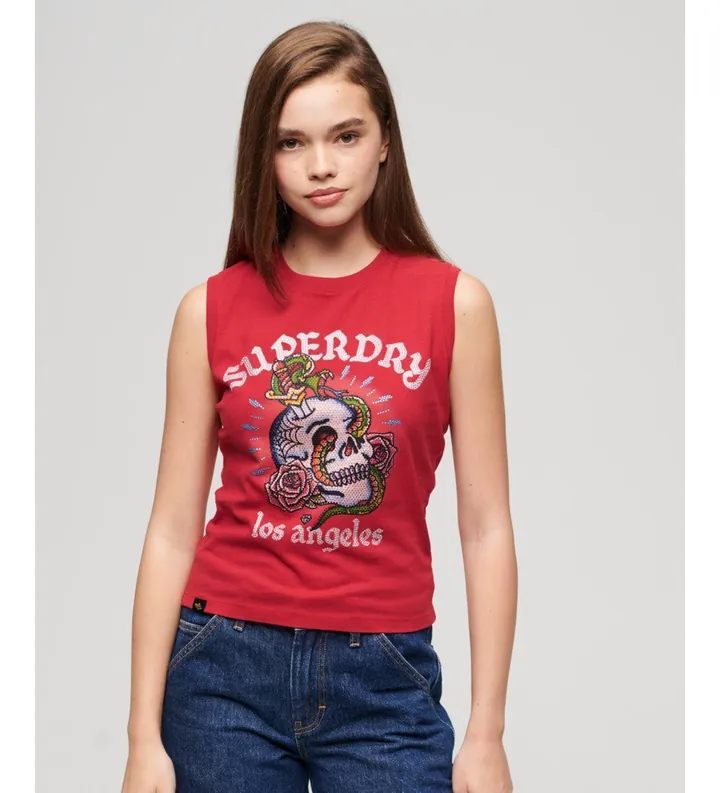 Superdry para mujer. W6011781A Camiseta sin mangas con strass Tattoo rojo (M), Casual, Algodón, Sin mangas / Tirantes