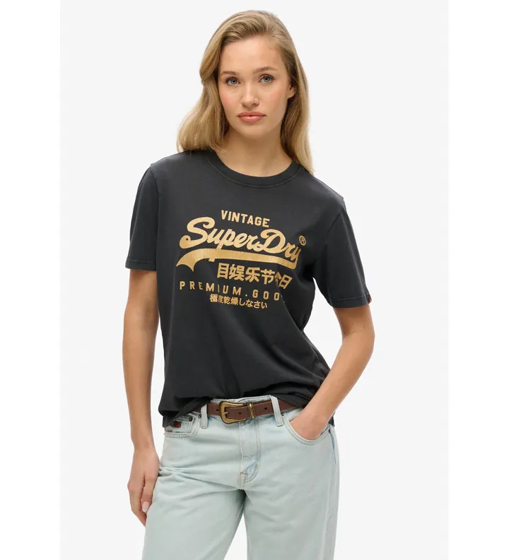 Superdry para mujer. W1011631A Camiseta de corte relajado con logotipo metalizado Vintage negro (M), Casual, Algodón, Manga corta