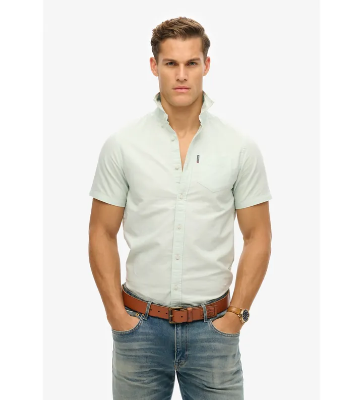 Superdry para hombre. M4010944A Camisa Oxford verde (L), Casual, Algodón, Manga corta