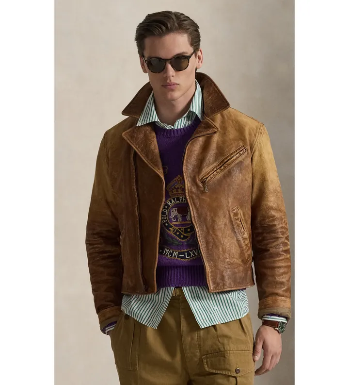 Polo Ralph Lauren para hombre. 710B21513001 Chaqueta Newsboy de piel marrón (XL), Casual