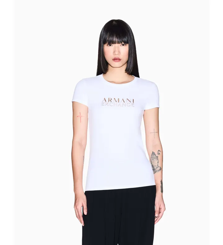 A|X Armani Exchange para mujer. XW001837AF16294U0002 Camiseta logotipo blanco (L), Casual, Algodón, Manga corta