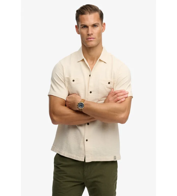 Superdry para hombre. M4011123A Camisa Merchant Textured beige (L), Casual, Algodón, Manga corta