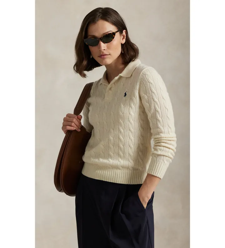 Polo Ralph Lauren para mujer. 211972132001 Jersey Polo de lana y cachemira beige (L), Casual