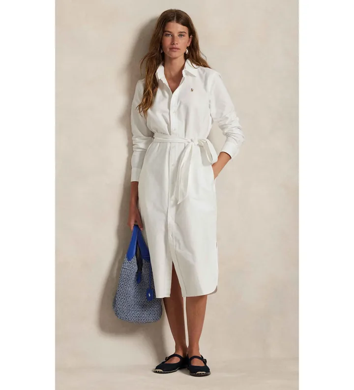 Polo Ralph Lauren para mujer. 211928804001 Vestido camisero de algodón con cinturón blanco (32), Casual, Manga larga