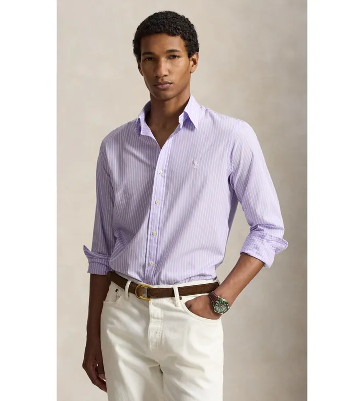 Polo Ralph Lauren para hombre. 710B15595012 Camisa de popelina con rayas Custom Fit lila (L), Casual, Algodón, Manga larga