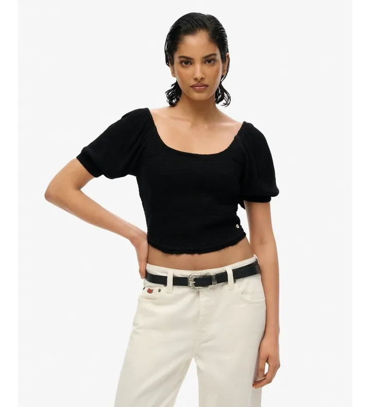 Superdry para mujer. W6011857A Top Smocked Woven negro (L), Casual, Viscosa, Manga corta
