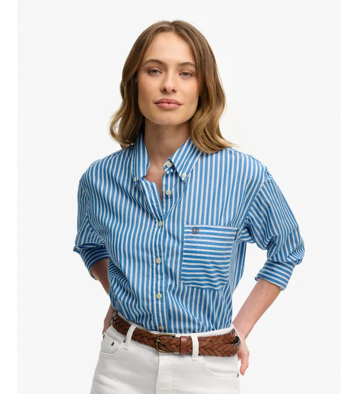 Superdry para mujer. W4010541A Camisa Poplin Relaxed azul (XXS), Casual, Algodón, Manga larga