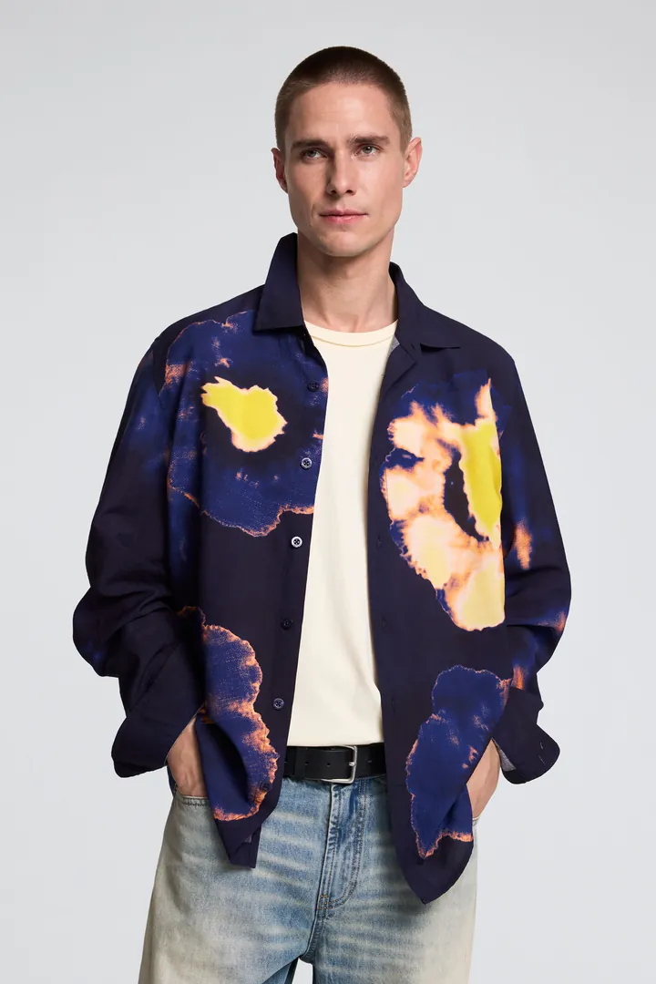 Desigual, Camisa manga larga floral, Hombre, Negro, L
