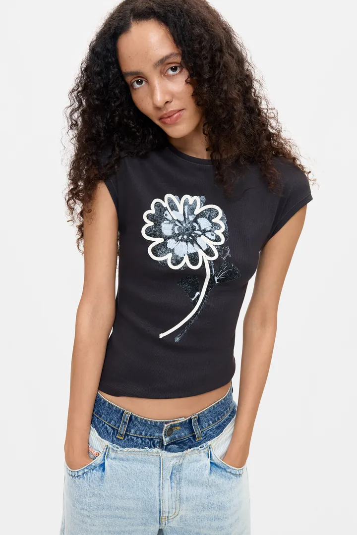 Desigual, Camiseta Estampada Floral, Mujer, Algodon, Negro, L