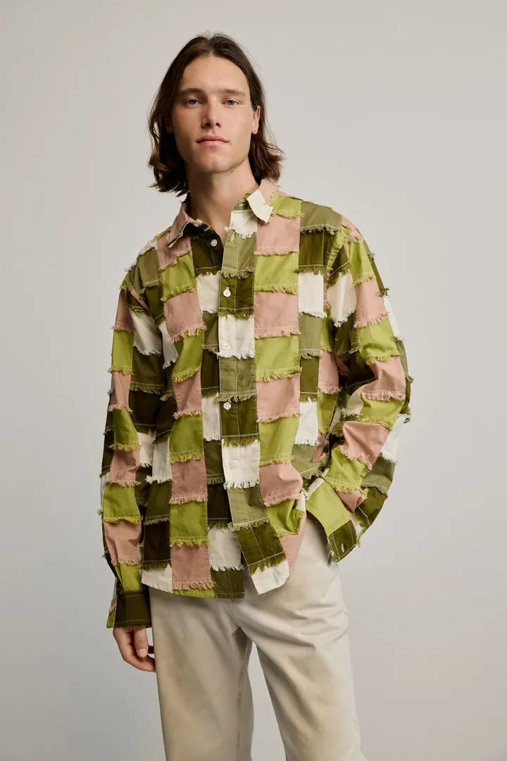 Desigual, Camisa cuadros patchwork, Hombre, Algodon, Verde, L