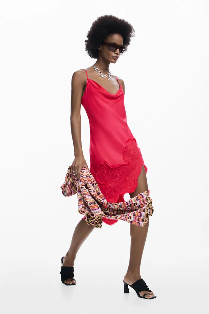 Desigual, Vestido lencero asimétrico, Mujer, Viscosa, Rojo, L