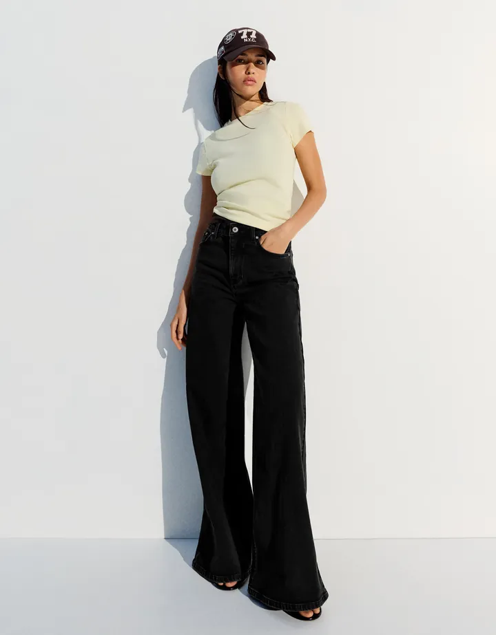 Bershka Jeans Wide Leg Tiro Alto Mujer 32 Negro