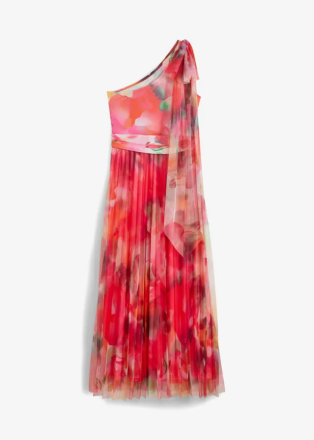 Vestido con un hombro al descubierto y falda de tul plisado