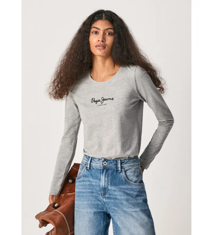 Pepe Jeans para mujer. PL505203 Camiseta New Virginia Ls N gris (L), Casual, Algodón, Manga larga