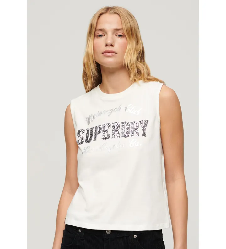 Superdry para mujer. W6011899A Camiseta ajustada blanco (M), Casual, Algodón, Sin mangas / Tirantes