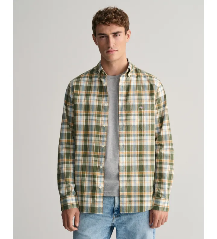 Gant para hombre. 3240062 Camisa Regular Fit de lino y algodón a cuadros verde (4XL), Casual, Manga larga