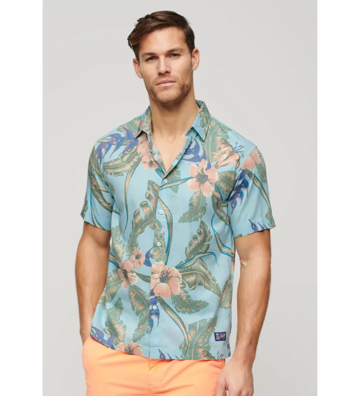 Superdry para hombre. M4010353A Camisa hawaiana azul (M), Casual, Algodón, Manga corta