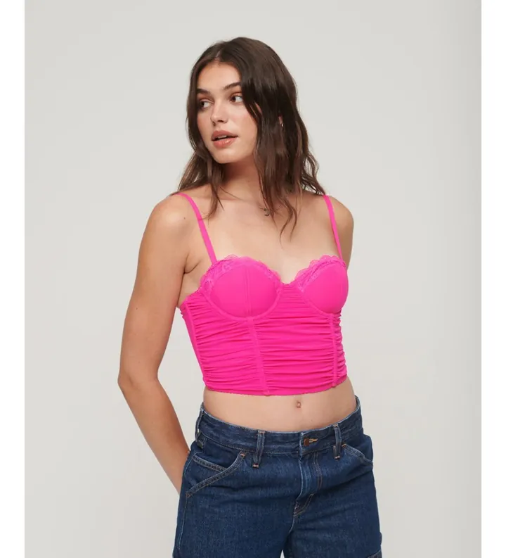 Superdry para mujer. W6011801A Top corto tipo corsé de malla fruncida rosa (S), Casual, Poliéster, Sin mangas / Tirantes