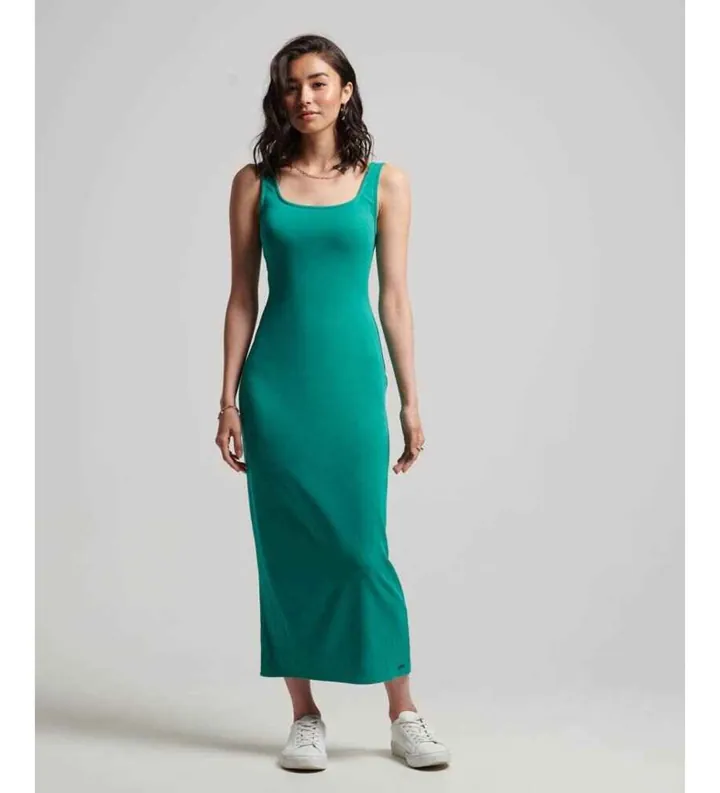 Superdry para mujer. W8011461A Vestido midi de punto con escote cuadrado verde (L), Casual, Modal, Sin mangas / Tirantes
