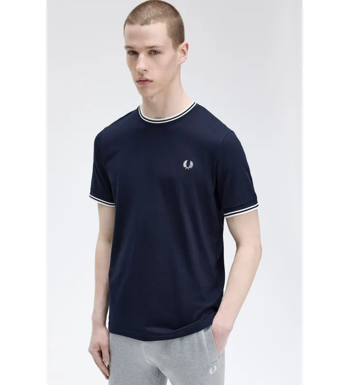Fred Perry para hombre. M1588 Camiseta Twin Tipped azul (XXL), Casual, Algodón, Manga corta