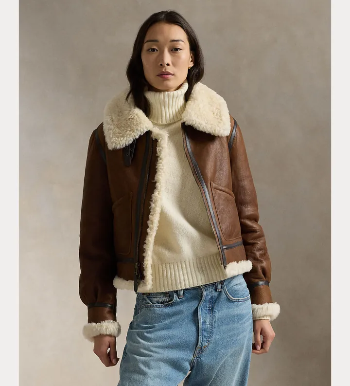 Polo Ralph Lauren para mujer. 211910038001 Bomber de piel Aviator marrón (L), Casual