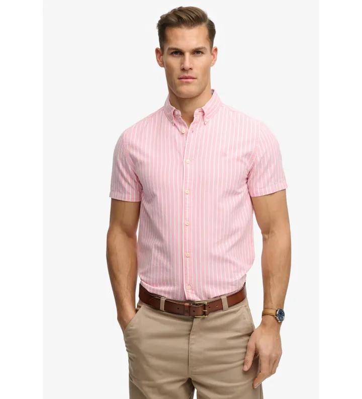 Superdry para hombre. M4011101A Camisa Oxford Preppy de manga corta a rayas coral (L), Casual, Algodón