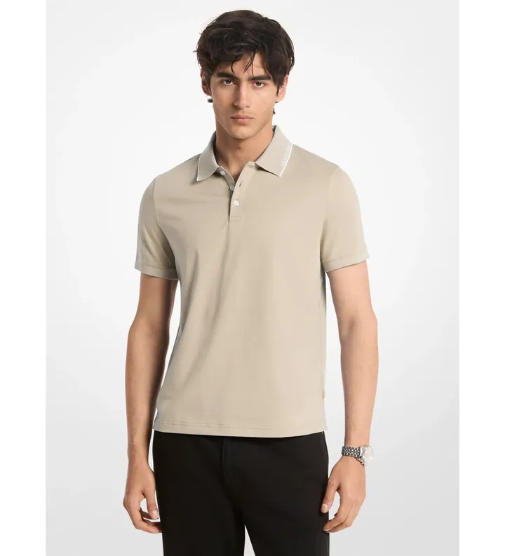 Michael Kors para hombre. CS652WR19P Polo de punto liso de algodón con ribete beige (L), Casual, Manga corta