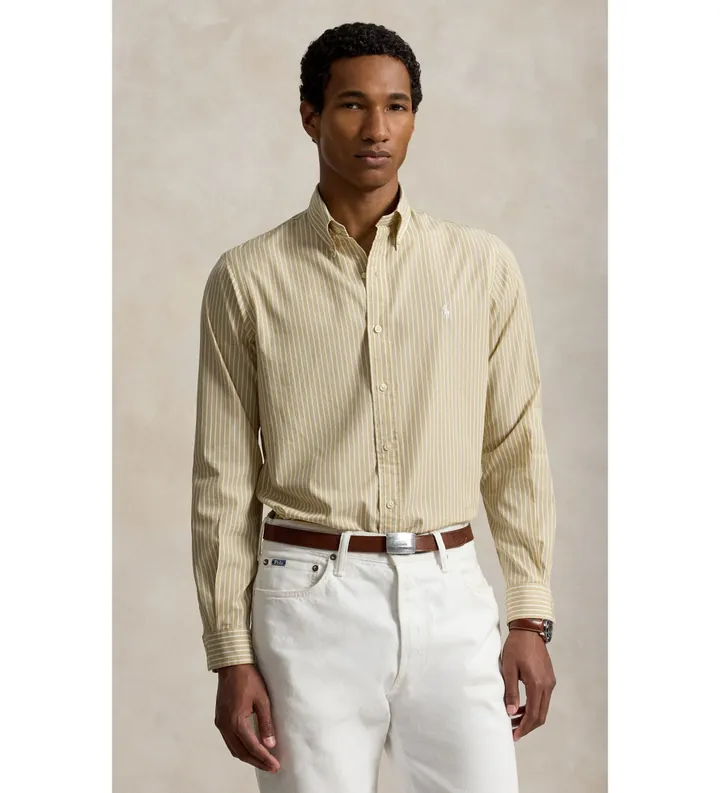Polo Ralph Lauren para hombre. 710B15595010 Camisa de popelina con rayas Custom Fit beige (L), Casual, Algodón, Manga larga