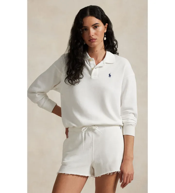 Polo Ralph Lauren para mujer. 211965097002 Jersey tipo polo de felpa ligera blanco (L), Casual, Algodón, Manga larga