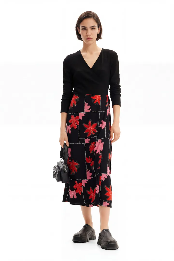 Desigual, Vestido midi cruzado flores, Negro, L