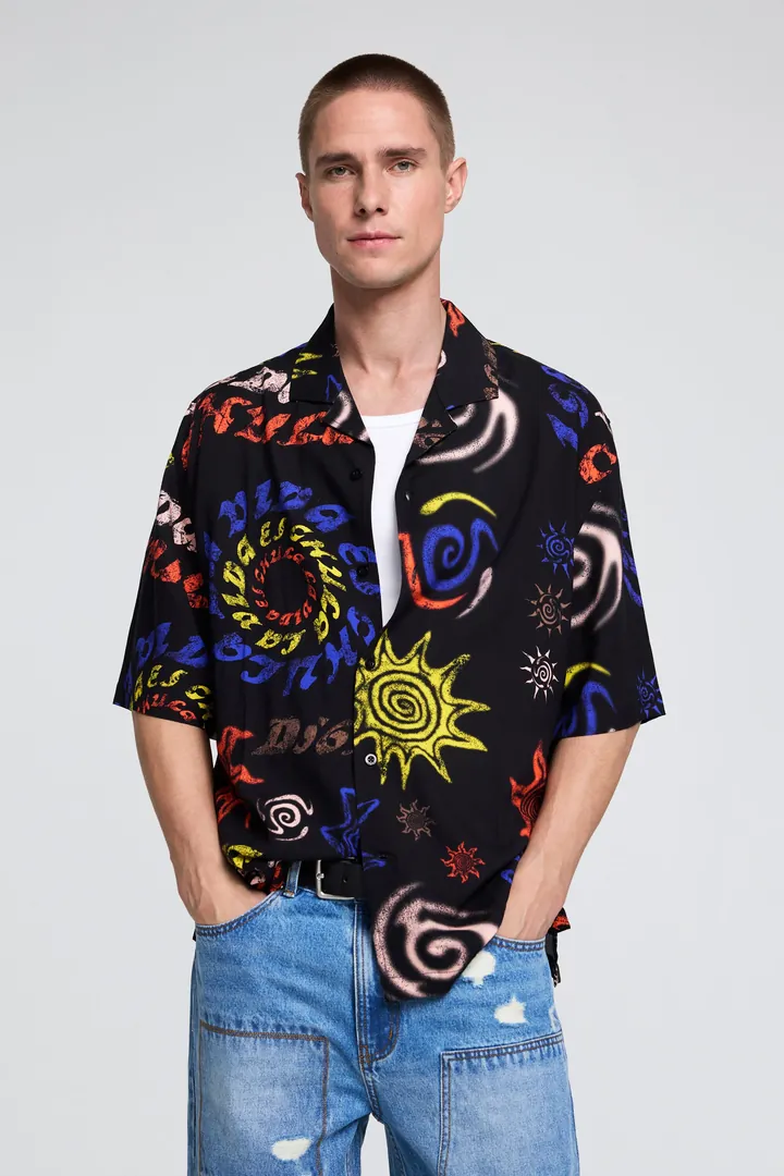 Desigual, Camisa estampada tribal, Hombre, Algodon, Azul, L