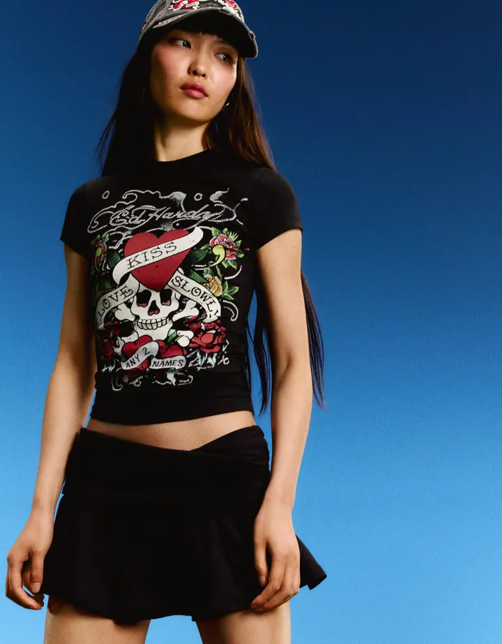 Bershka Camiseta Manga Corta Print Ed Hardy X Bershka Mujer L Negro