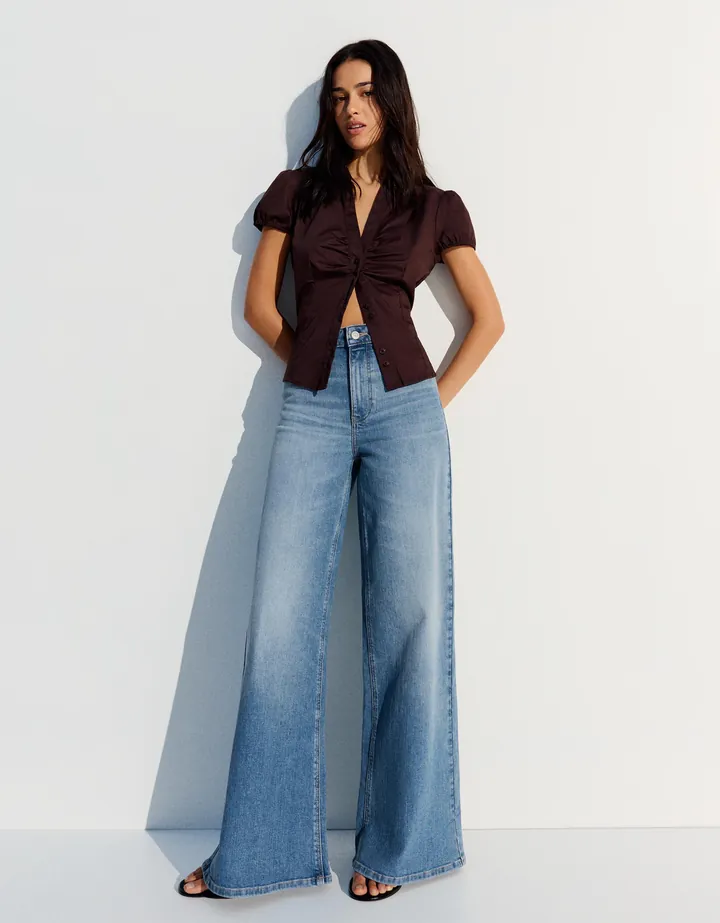 Bershka Jeans Wide Leg Tiro Alto Mujer 32 Azul Lavado