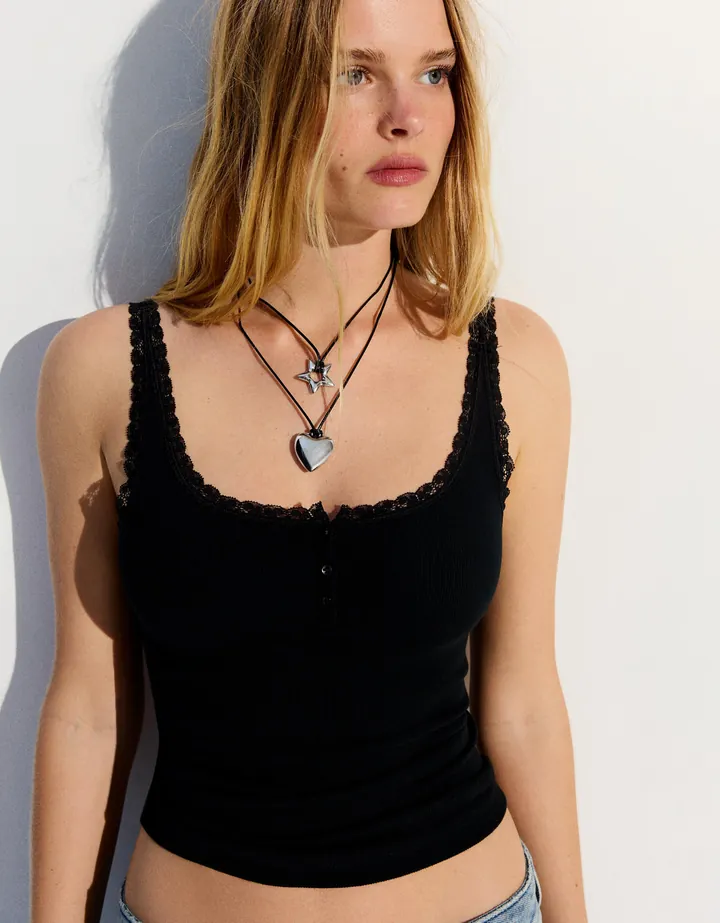 Bershka Pack Collares Cuerda Colgante Mujer Plata