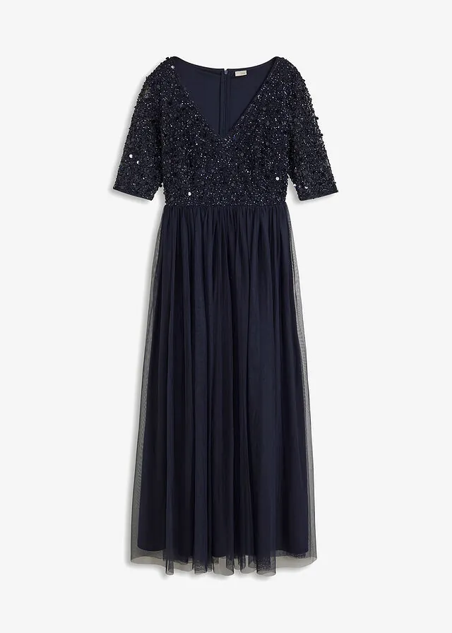 Vestido de noche de tul delicado con bordado de lentejuelas