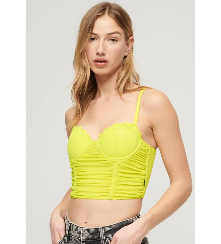 Superdry para mujer. W6011801A Top corto tipo corsé de malla fruncida amarillo (L), Casual, Poliamida, Sin mangas / Tirantes