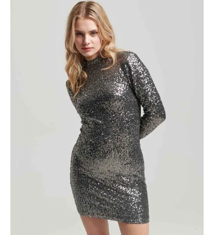 Superdry para mujer. W8011486A Minivestido de lentejuelas con cuello perkins plateado (L), Plata, Fiesta, Poliéster, Manga larga