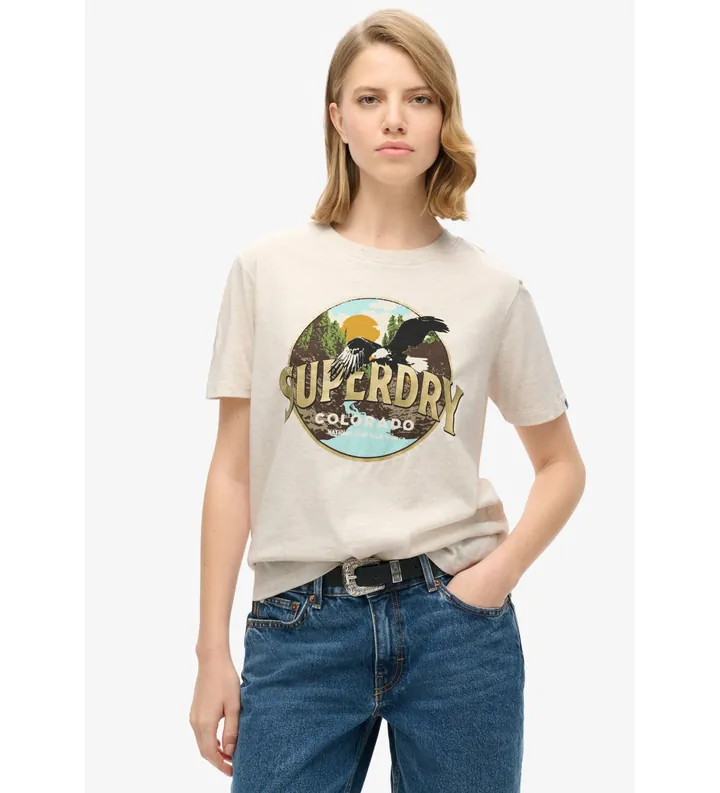 Superdry para mujer. W1011519A Camiseta Travel Souvenir beige (L), Casual, Algodón, Manga corta