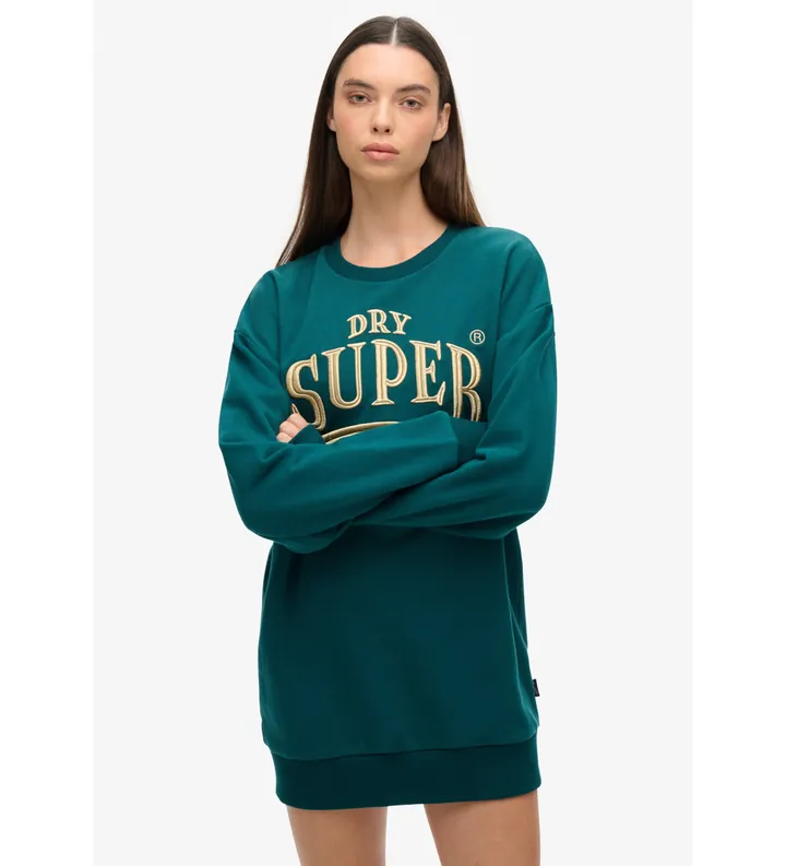 Superdry para mujer. W8011755A Vestido en tejido sudadera con logotipo metalizado Luxe verde (S/M), Casual, Algodón, Manga larga, Sostenible