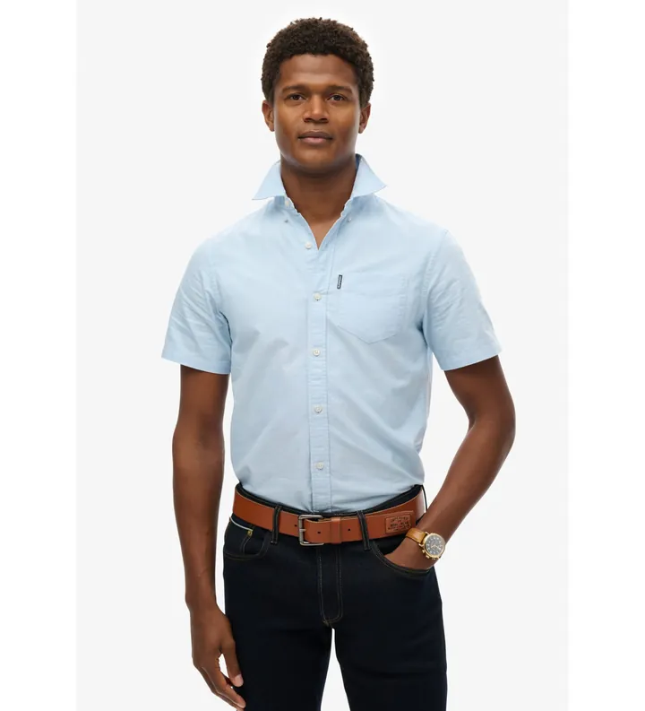 Superdry para hombre. M4010944A Camisa Oxford azul (L), Casual, Algodón, Manga corta