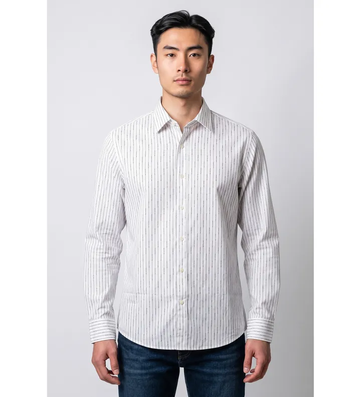 Michael Kors para hombre. CT64005LA8 Camisa de manga larga Pinstripe blanco (L), Casual, Algodón Reciclado